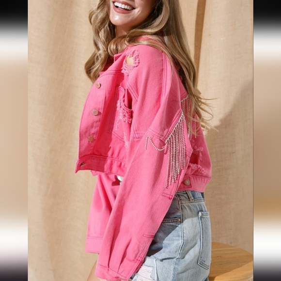 Rhinestone Fringe Pink Denim Jacket - Picture 3 of 7